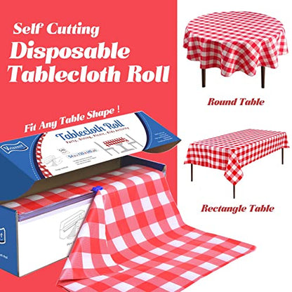 Plastic Table Cover Roll Disposable Red Checkered Tablecloth: 54in X 120ft Table Covers Plastic Table Cover Roll with Easy Slide Cutter Plastic Table Cloths for Parties Disposable - color: Red Checkered, size: 1440" x 54" (Rectangular)