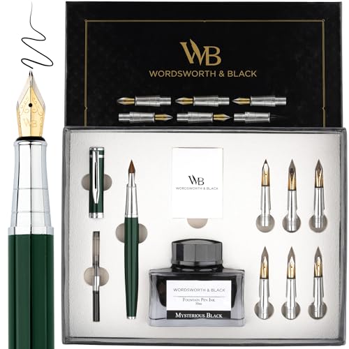 Wordsworth & Black Luxury Calligraphy Pen Set for Writing, 6 Nibs, Green | Fountain Ink Bottle, Cartridges & Refill Converter, Refillable, Green, High End Gift for Men & Women, Journaling & Lettering - color: Green Chrome