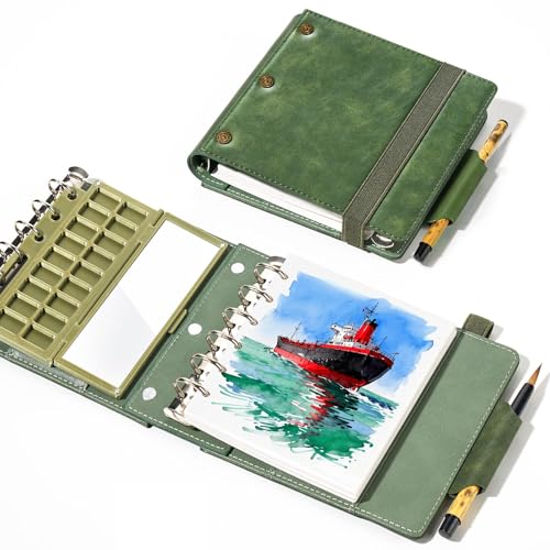 Travel Watercolor Sketchbook with Ceramic Palette- 100% Cotton Hot Press 5.1x4.3 Inch 20Sheets Binder Art Journal with 18 Empty Paint Grids & Travel Watercolor Brushes for Artists Outdoor Painting - color: Olive Green