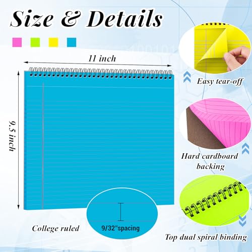 4 Landscape Legal Pad 11 x 9.5 College Ruled Top Spiral Horizontal Notebook | 4 Neon Pads, 50 Sheets Each, Hole Punched Pages, Bright Color Coding for Classes, Projects, Daily Schedules and Subject Notes - color: Neon