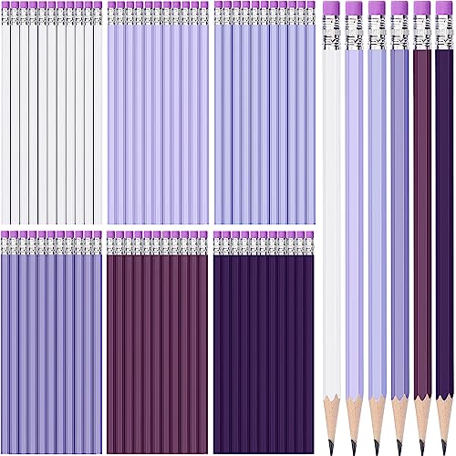 TecUnite 60 Pcs HB Pencils #2 Unsharpened Wood Cased Pencils with Eraser Hexagonal Pencil Cute Graphite No 2 Pen for Adults Gifts Exam School Office Sketching Learning(Purple Series, White) - color: Purple Series, White