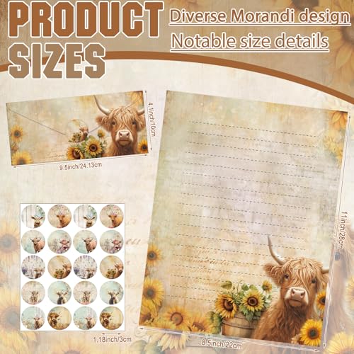 TaoBary 160 Pcs Floral Highland Cow Stationery Paper and Envelopes Set 50 Double Sided Lined Stationery Paper with 50 Envelopes and 60 Round Dot Sticker 8.5 x 11'' Letter Writing Kit, 10 Design - size: 8.5 x 11 Inch, style: Floral Highland Cow