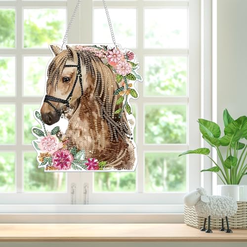 Bowetile Horse Diamond Art Hanging Kits for Adults, 5D Special Shape Diamond Painting Flowers Pendant Kits, Animal Gem Art Suncatchers Painting Ornament for Home Garden Wall Decor - color: Horse