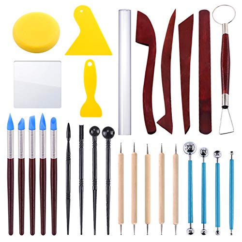 Swpeet 29Pcs Hand Modeling Clay Sculpting Tools Kits, Ball Stylus Tool, Wooden Dotting Tools, Rubber Tip Pens, Sculpture Knives, Ceramic Pottery Tools Sculpting Kit for Making Modeling Clay - color: N0.6 28Pcs Modeling Clay Sculpting Tools Kit
