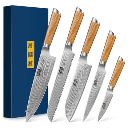 HOSHANHO Damascus Kitchen Knife Set 5PCS, Sharp Chef Knives Ergonomic Grip | Professional Cooking Knife Set | Japanese Super Steel | 15° Edge | 62 HRC | Ergonomic Olive Wood Handle | Housewarming Gift - style: 5 Pieces Knife Set