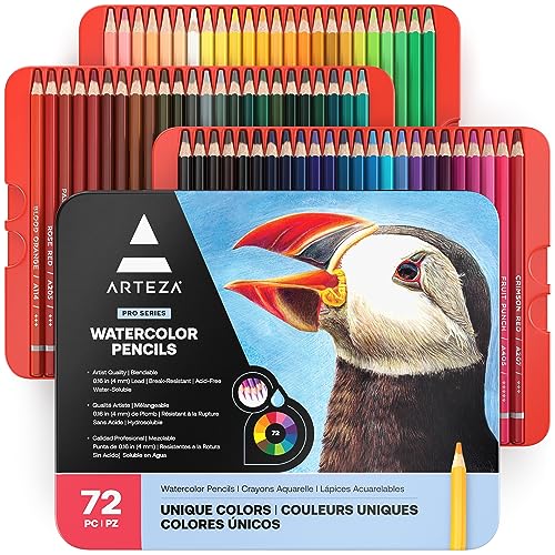 ARTEZA Watercolor Pencils, Set of 72, Water-Soluble Colored Pencils with 4 mm Break-Resistant Core, Pre-Sharpened Tips and Metal Tin for Drawing, Shading, Blending, and Wet or Dry Techniques