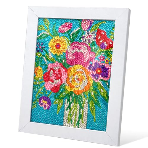 QIOUOL Flower Diamond Art Painting Kits for Kids Adults Beginners with Wooden Frame Girls Art Crafts Rhinestone Gem by Number Kits,Diamond Art Kits for Teens,Birthday Gifts and Office Decor - color: Flower with frame