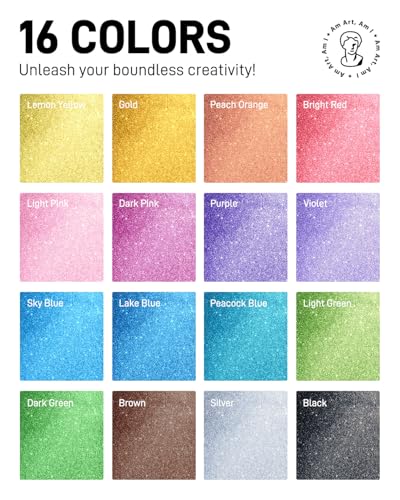 JusArt 16 Colors Glitter Markers, Glitter Pens, 0.7mm Acrylic Paint Markers | Shiny Shimmer Pens for Kids Adults DIY Crafts, Card Making, Drawing, Scrapbooking, Glass, Wood, Stone, Fabric, Rock