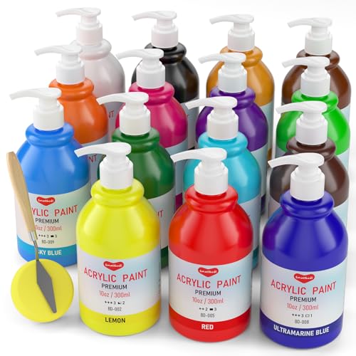 Smallbudi 15 Colors Large Bulk Acrylic Paint Set 10 oz/300 ml for Artists | Rich Pigment Art Painting Supplies Non Toxic Acrylic Kit for Kid & Adult Painting on Canvas Wood Fabric Rock Craft, with Pump - color: 15 Colors 300ml