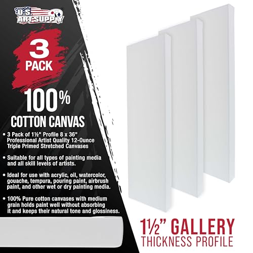 U.S. Art Supply 8"x36" Stretched Canvas for Painting, Gallery Depth 3-Pack - size: 8" x 36"