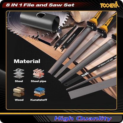 TOOLAN: File Set, File & Saw Set. metal file,metal files tools for steel,Professional Steel File Triangle/Flat/Half-Round/Round Files for MetalWoodPlastic,Woodworking, Blade Quick Change Mechanism - color: 8-in-1 File Set