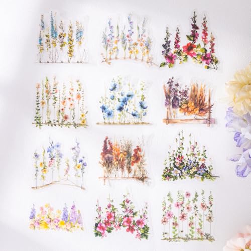 60 Pcs Floral PET Stickers for Scrapbook Journaling | Hanging Flowers and Botanical Vines for Junk Journals and Collage Crafts - color: Bloom Time