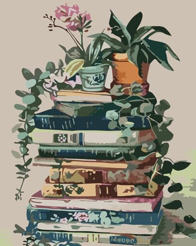 CSZPPQAF Floral Stack of Books Paint by Numbers Kit for Adults Beginner, Book Paint by Number Kits on Canvas, DIY Acryli Oil Painting Watercolor Color by Numbers for Home Wall Decor 16X20inch - color: PB219-1