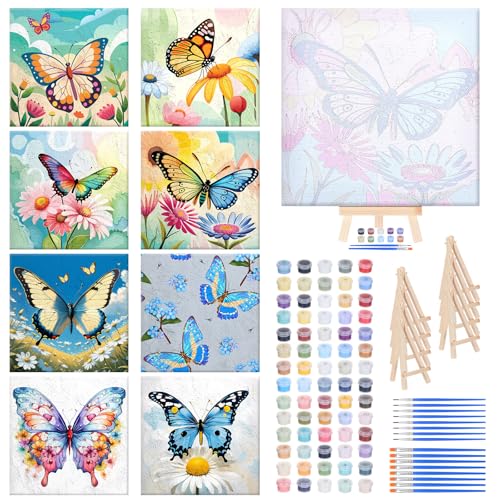 RoundFunny 8 Set Paint by Numbers Drawing Kit for Adults,Classic Flutter | 8x8 in. Mini Simple Painting Canvas Wooden Frame Easel Acrylic Paint Brush Funny Number Drawing Kit for Gift Wall Home Decor - style: Classic Flutter