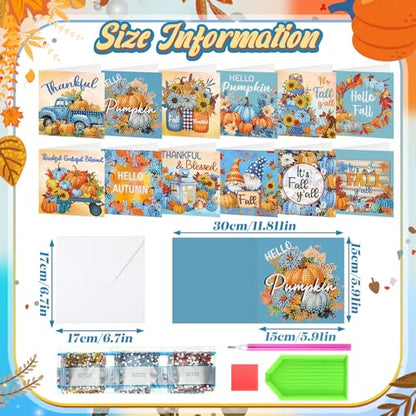 Saillong 12 Pack Blue Fall Diamond Painting Greeting Cards with Envelopes | Fall Diamond Art Cards Kits for Adults, DIY Thanksgiving Cards, Autumn 5d Rhinestones, DIY Crafts, Family Friend, Fall Gifts - color: Blue Fall