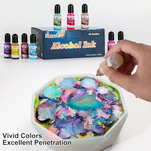 Alcohol Ink Set - 50 Bottles Vivid Colors Alcohol Paint 10ml Each | High Concentration, Metallic Alcohol Paint Resin Dye, Safe Fast Drying Effect, Ideal for Epoxy Resin, Art Painting, Glass - color: 56 Colors