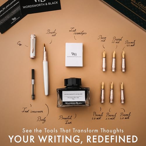 Wordsworth & Black Luxury Calligraphy Pen Set, 6 Nibs, White Rose | Fountain Ink Bottle, Cartridges & Refill Converter, Refillable, White, High End Gift for Men & Women, Journaling & Lettering - color: White Rose Gold