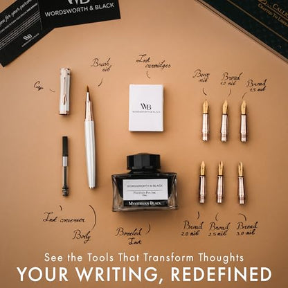 Wordsworth & Black Luxury Calligraphy Pen Set, 6 Nibs, White Rose | Fountain Ink Bottle, Cartridges & Refill Converter, Refillable, White, High End Gift for Men & Women, Journaling & Lettering - color: White Rose Gold