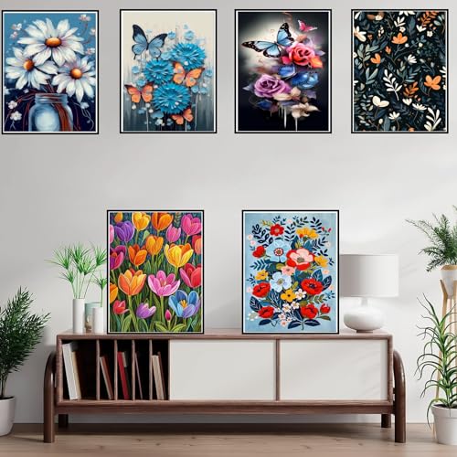 DOTZSO 6PCS Flowers Diamond Painting Art Kits for Adults Beginner 12x16 in | 5D Full Drill Resin, Flowers Pattern, Fits All Ages, Leisure Craft, Stress Relief, Wall/Shelf Display, All-Occasion Gift - color: AF Flowers Butterfly