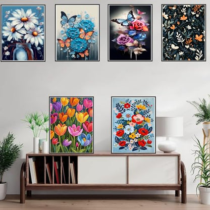 DOTZSO 6PCS Flowers Diamond Painting Art Kits for Adults Beginner 12x16 in | 5D Full Drill Resin, Flowers Pattern, Fits All Ages, Leisure Craft, Stress Relief, Wall/Shelf Display, All-Occasion Gift - color: AF Flowers Butterfly