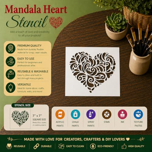 DLY LIFESTYLE Mandala Heart Stencils for Painting on Walls, Wood, Canvas, Paper, Fabric, and Furniture - 7x7 Inch Mandala Stencil - Reusable DIY Art and Craft Stencils - Valentines Stencil - color: Mandala Heart 7"x7"