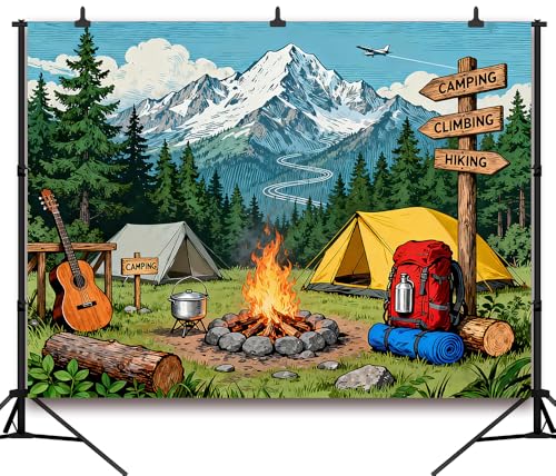 8x6FT Camping Backdrop Pine Tree Camping Equipment Bonfire Directional Sign Background for Outdoor Adventure Travel Holiday Themed Party Decoration Photo Shoot Props Vinyl - size: 8x6FT