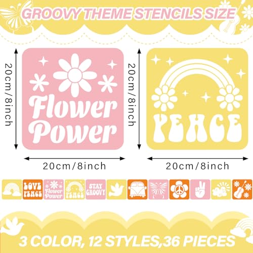 36pcs Groovy Hippie Drawing Stencils for Kids 8 Inch Sidewalk Chalk Stencils Painting Spring Gifts Large Washable Reusable Retro Boho Themed Primary Shape Template for Kids Toddlers Preschool - style: Groovy