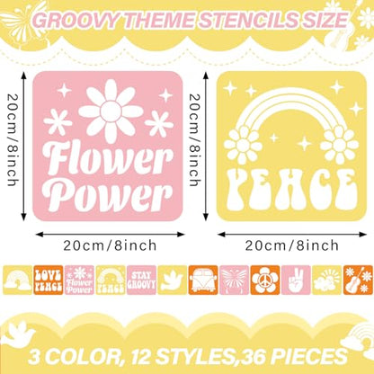 36pcs Groovy Hippie Drawing Stencils for Kids 8 Inch Sidewalk Chalk Stencils Painting Spring Gifts Large Washable Reusable Retro Boho Themed Primary Shape Template for Kids Toddlers Preschool - style: Groovy
