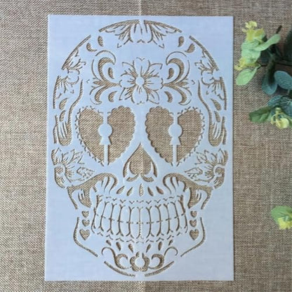 TIAMECH A4 Reusable Mandala Smile Skull Stencil for Painting - style: Smile Heart Eyes Skull
