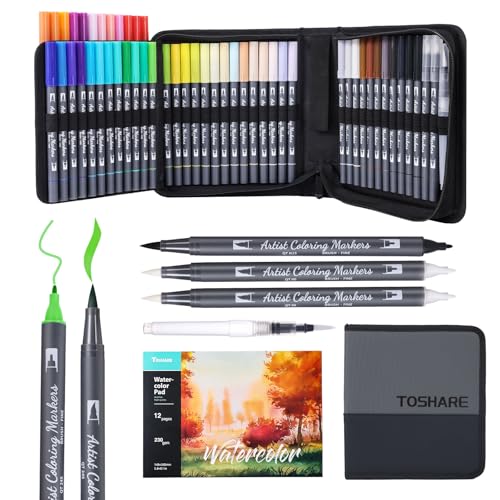 TOSHARE Watercolor Pens Set, 48-Color Dual Tip Professional Watercolor Markers for Adults, Water-Based Art Markers with 1 Aquapen, 2 Colorless Blenders, 1 Black Marker, and 12-Page Pad, Art Supply - color: 48+4 Colors