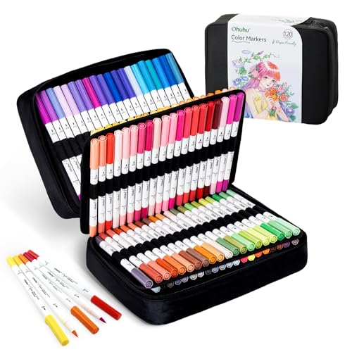 Ohuhu Adult Coloring Book Markers Paper-friendly Water-Based 120 Color-Pupe | Coloring Markers No Peeling Dual Brush Fine Tips Ohuhu Markers No Bleeding Drawing Pens for Kids Adults Beginner Calligraphy - style: 120 Colors