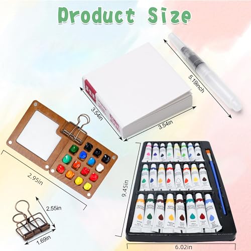 Mini Paint Palette Travel Kit, Portable Pocket Artist Water Color Travel Set with 24 Colours,Sketchbook,Clips,Pens,15 Grid Wooden Paint Box for Painters Artists (24 Colours)