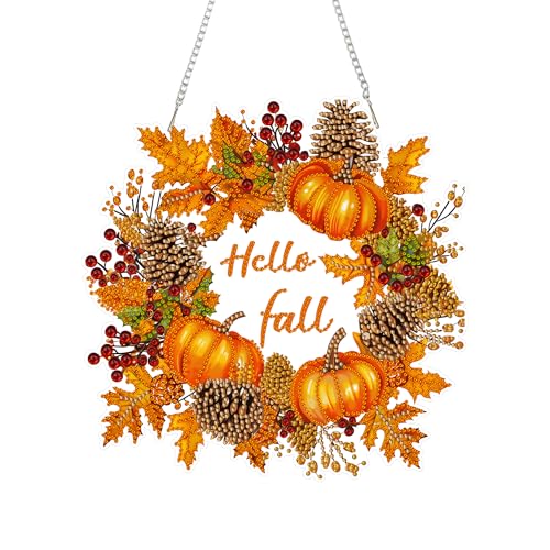 Eiflow Fall Diamond Art Hanging Kit for Adult Pumpkin Wreath, DIY Acrylic Diamonds Painting Ornament Double Sided Pendant Board Kit(Hello Fall)