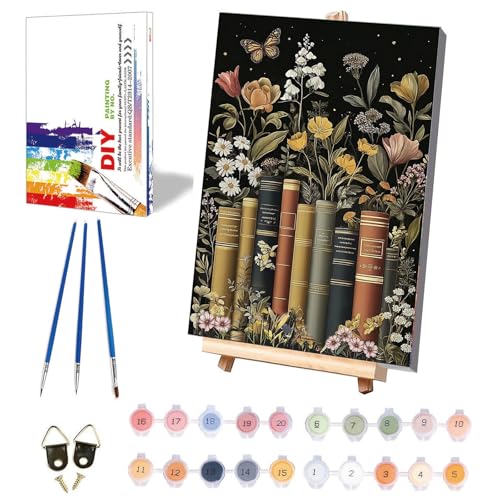 xackcme Book Paint by Numbers for Adults with Framed Canvas 8x12 inch | Flowers Paint by Number on Canvas, DIY Books Acrylic Oil Painting Kits with Wooden Easel Brushes for Home Wall Decor - color: BKH1846