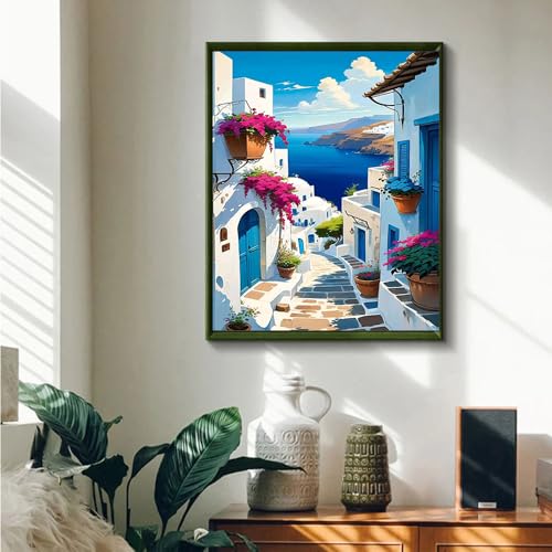 JUJUHOOD Sunset Santorini Paint by Numbers Kit for Adults,Watercolor Paintings Paint by Number Kits,Adult Paint by Number Canvas with Paintbrushes and Acrylic Pigment 16x20 inch - color: PNZXT-122