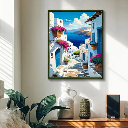 JUJUHOOD Sunset Santorini Paint by Numbers Kit for Adults,Watercolor Paintings Paint by Number Kits,Adult Paint by Number Canvas with Paintbrushes and Acrylic Pigment 16x20 inch - color: PNZXT-122