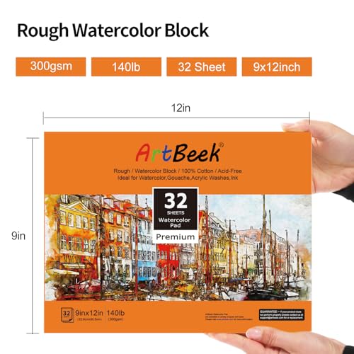 ArtBeek Watercolor Paper Block,9" x 12" Watercolor Block 32 Sheets 100% Cotton Rough 140lb/300GSM - size: 9X12 Rough