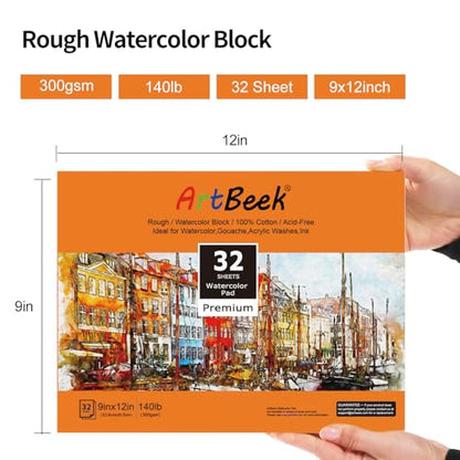 ArtBeek Watercolor Paper Block,9" x 12" Watercolor Block 32 Sheets 100% Cotton Rough 140lb/300GSM - size: 9X12 Rough