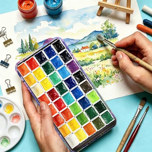 40Pcs Empty Half Pans Watercolor Tin Palette with Magnetic Stripe | Travel Tin Palette Case,Portable Artist Paints Half Pan Kits,DIY Watercolor Oils Acrylics Painting Drawing - color: Sea Bloom