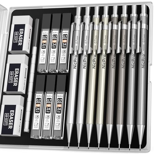 Nicpro 8 Pack Mechanical Pencil 0.7mm, MB1000 Metal Mechanical Pencil Set | 6 Tube HB #2 Lead Refill 0.7 mm, 3PCS 4B Eraser, 9 Cap Eraser with Case for Artist Drafting Writing, Sketching, Drawing - style: 8 Pack （0.7mm）