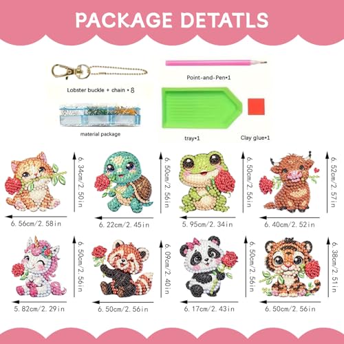 Masendp 8 Piece 5D DIY Animal Diamond Painting Double Sided Keychain Set, Flower Diamond Pendant Hanging Animal Art Decoration for Adult Beginner Pack Birthday Family Party Decoration - color: Multiple animals, size: Animals