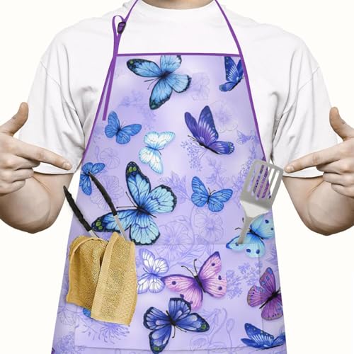 Apron with 2 Pockets,Kitchen Chef Artist Aprons for Cooking Gardening Baking Painting, Waterproof Apron 33" x 27" - color: Butterfly