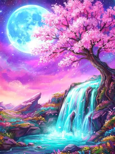 MBNTJHT Waterfall Diamond Art Kits for Adults,Dream Forest and Moon Full Round Drill Diamond Painting Kits for Beginners,DIY Gem Crystal Art Painting Craft for Home Wall Decor 12X16 Inch. - color: G9746