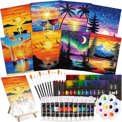 Cholemy 36 Pcs Paint and Sip Kit for Adults 8''x10'' Pre Drawn Canvas for Painting DIY Afro Acrylic Painting Kit Wood Easel Brushes Date Night Bulk for Mother's Day Party Gifts - style: Sunset
