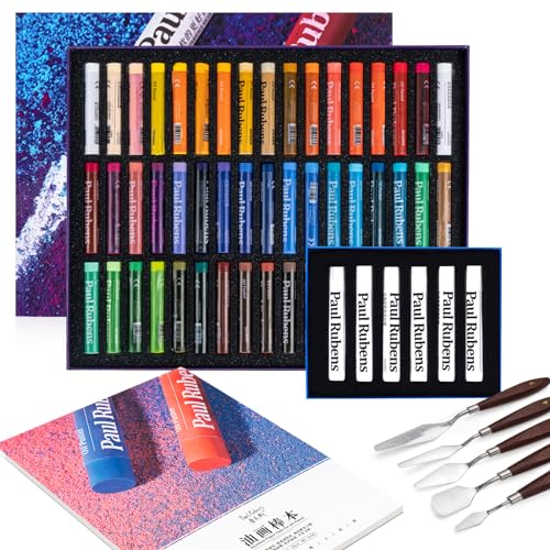Paul Rubens Oil Pastels Set with 50 Colors Artist Soft Oil Pastels+6 Pcs White Oil Pastels+8.7 x 11.7 Inches Oil Pastel Book（30 Sheets）+5 Palette Knives for Artists, Professionals, Student, Hobbyist | Full Painting Accessories: 6 White Oil Pastels, 8.7 x