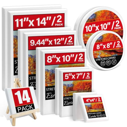 14 Packs Stretched Canvases for Painting, Multi Pack 11x14, 9.44x12, 8x10, 5x7, 4x4, Round Canvas with 8x8,10x10(2 of Each), Blank Primed Canvas, for Oil Paint, Acrylic Paint, for Beginners, Artists. - size: Multisize 14 Pack