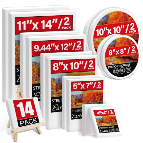 14 Packs Stretched Canvases for Painting, Multi Pack 11x14, 9.44x12, 8x10, 5x7, 4x4, Round Canvas with 8x8,10x10(2 of Each), Blank Primed Canvas, for Oil Paint, Acrylic Paint, for Beginners, Artists. - size: Multisize 14 Pack