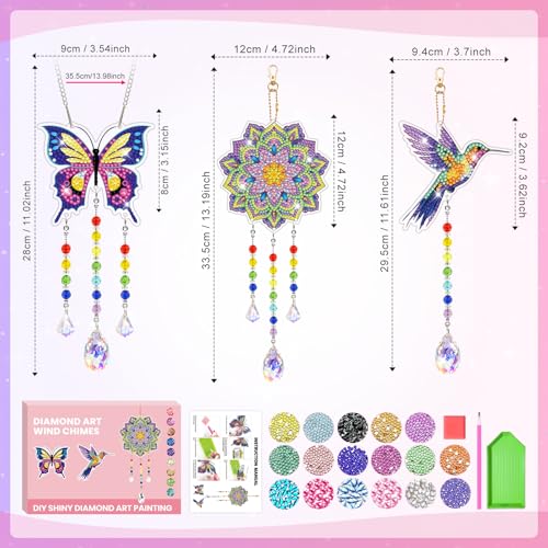 Arts and Crafts for Kids Ages 8-12, Diamond Art Kits for Kids Birthday Gifts for 5 6 7 8 9 10 11 Year Old Girls Diamond Painting Kits for Adults Teen, Gem Art Suncatcher Wind Chime for Home Garden