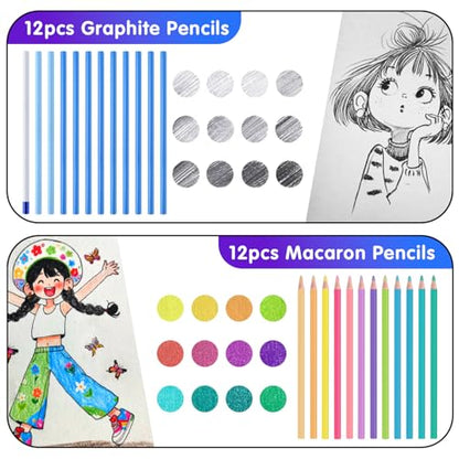 Professional Drawing Set,12 Colored Pencils,12 Graphite Pencils,Eraser,Case - color: Set-Macaron