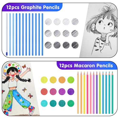 Professional Drawing Set,12 Colored Pencils,12 Graphite Pencils,Eraser,Case - color: Set-Macaron